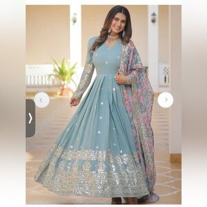 House of Indya Blue Anarkali Dress Floral Dupatta xl frock gown